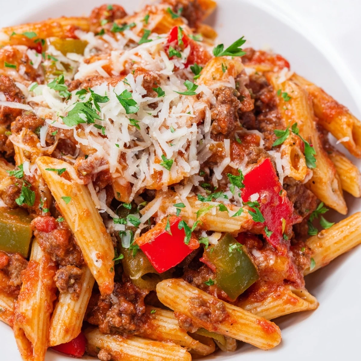 Golden bubbly cheesy stuffed pepper skillet pasta served hot with fresh herbs and gooey cheese topping