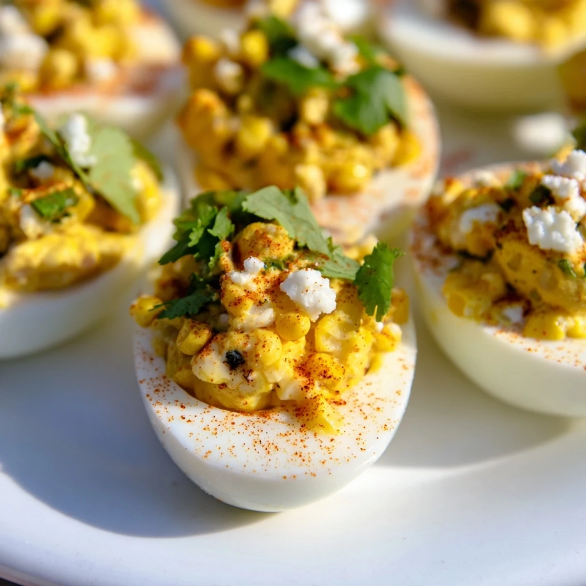 Golden Mexican Street Corn Deviled Eggs topped with crumbled cotija, fresh cilantro, and chili powder