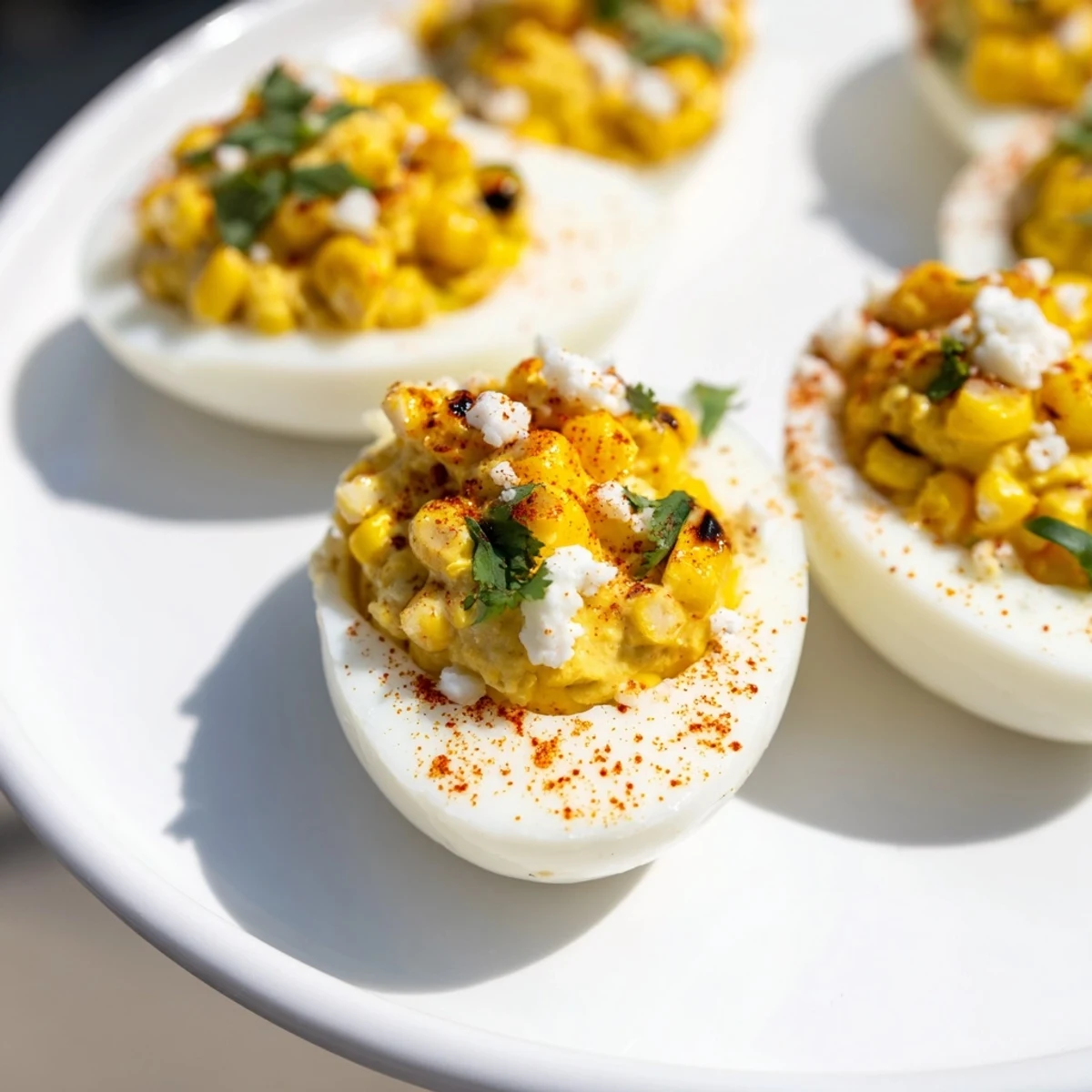 Creamy Mexican Street Corn Deviled Eggs featuring charred corn, zesty lime, and crumbly white cheese