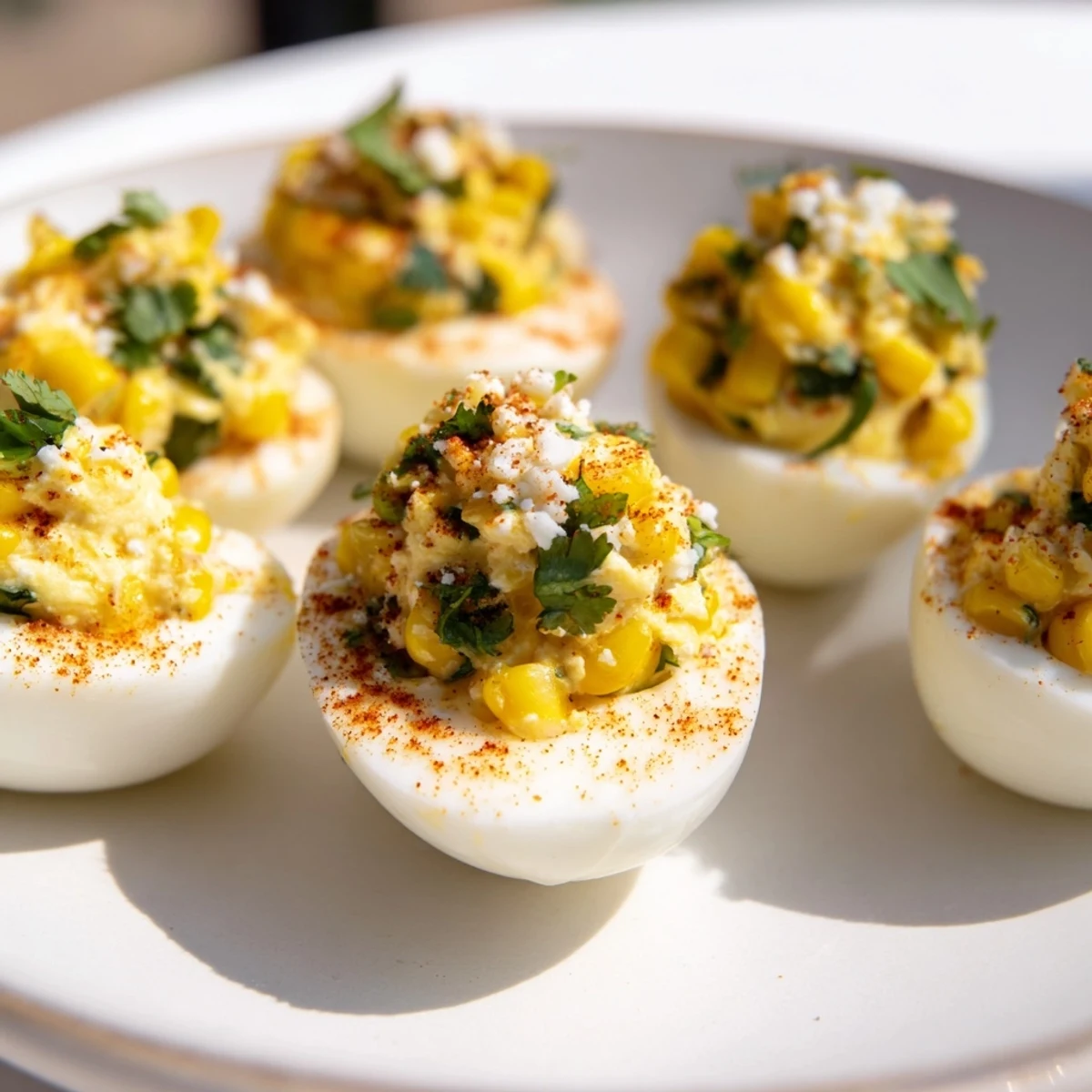 Zesty Mexican Street Corn Deviled Eggs garnished with spicy chili powder and bright green cilantro