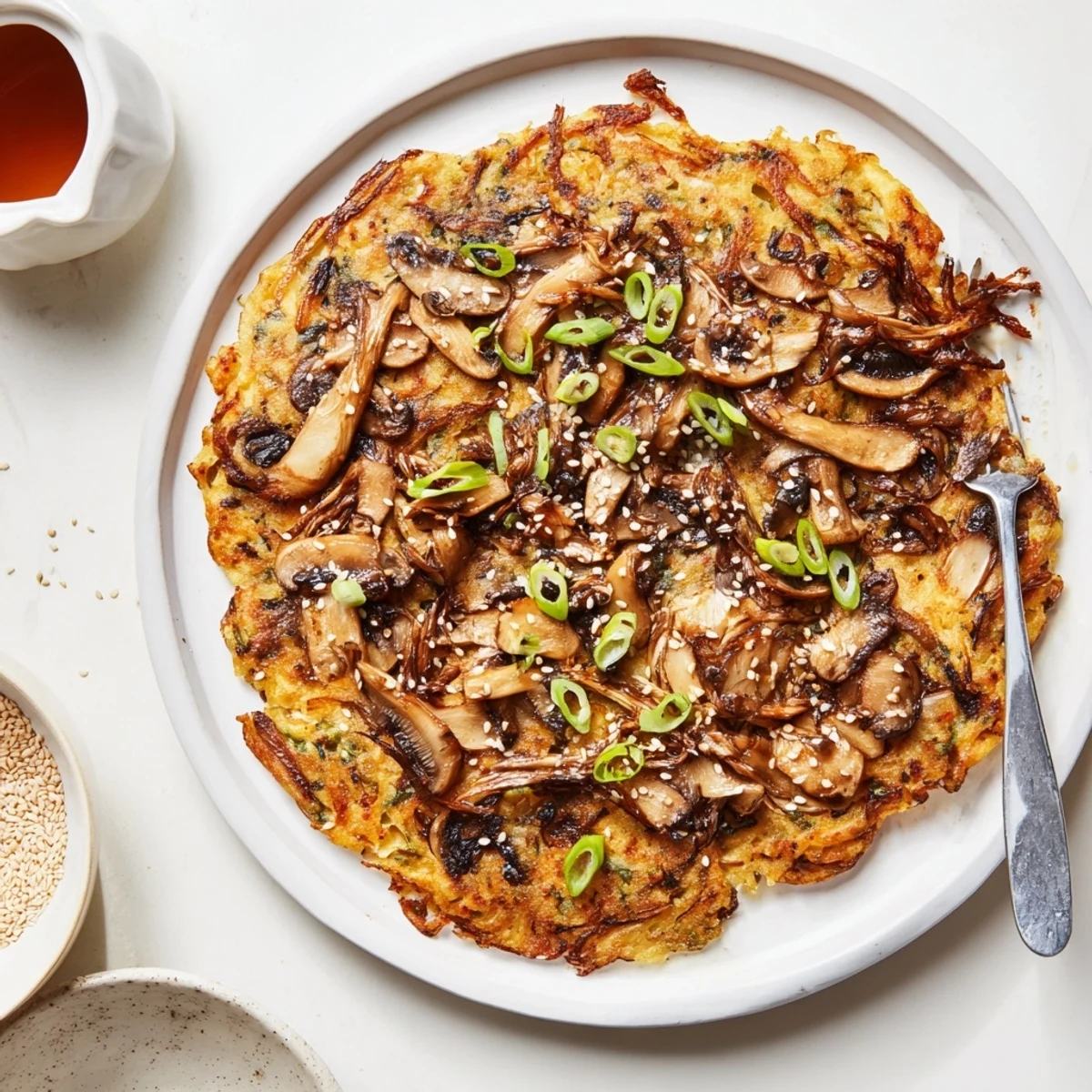 Sliced Vegan Kimchi Pancake With Tamari Mushrooms served with tangy dipping sauce