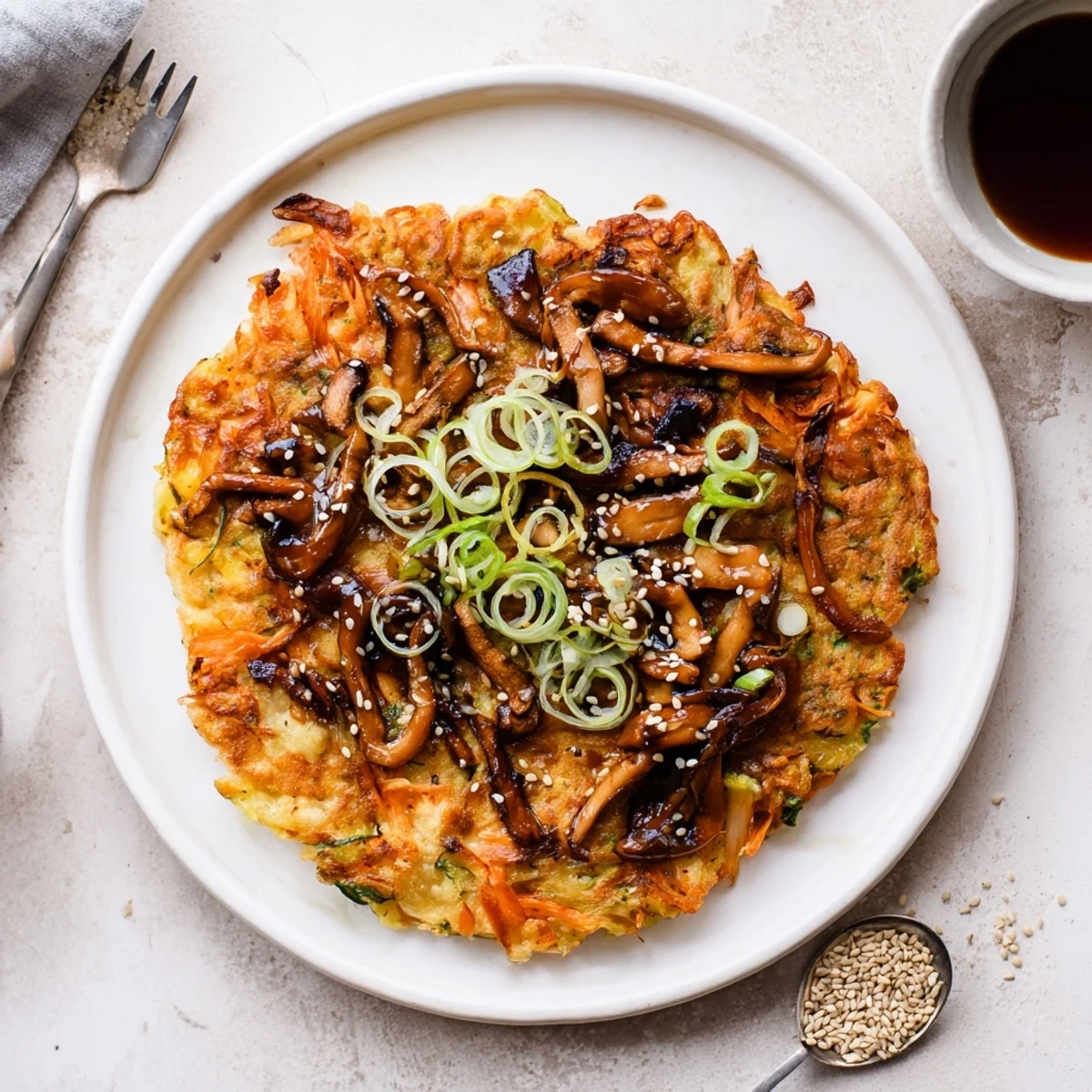 Crispy golden Vegan Kimchi Pancake With Tamari Mushrooms topped with scallions