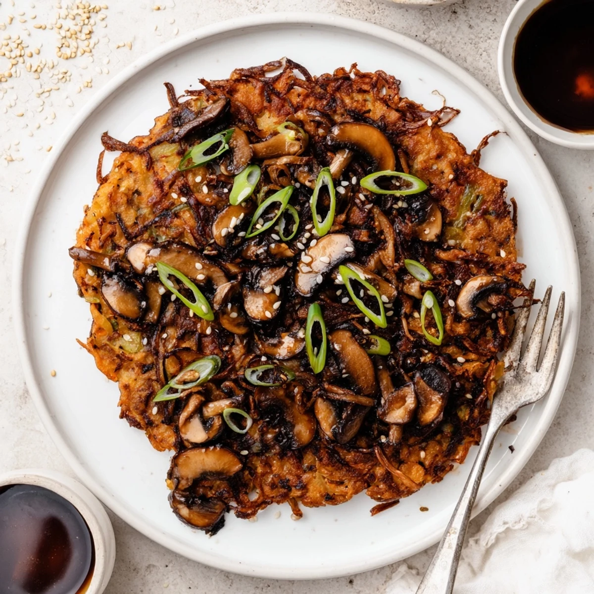 Pan-seared Vegan Kimchi Pancake With Tamari Mushrooms, umami-glazed topping and scallions