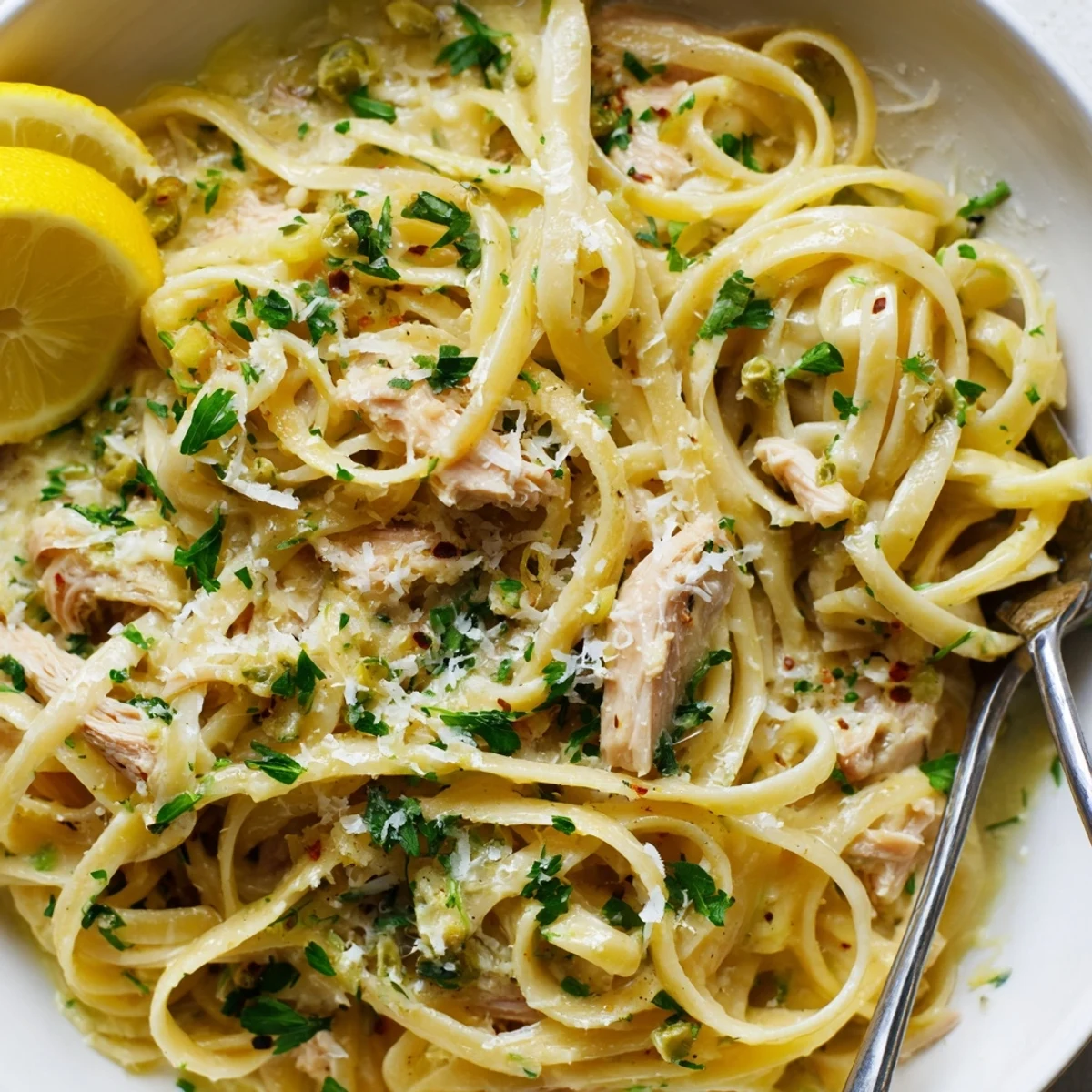 Cowboy Butter Pasta Recipe with glossy noodles, garlic scented butter, lemon wedges.