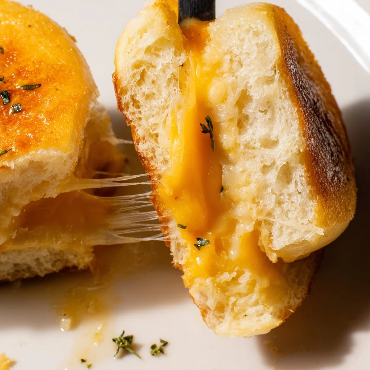 Hands pulling apart Mini Grilled Cheese Hawaiian Rolls, stringy cheese and soft interior