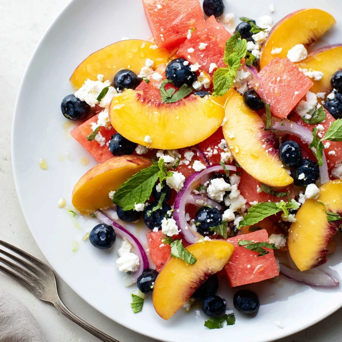 Peach Watermelon Salad With Feta piled in bowl, juicy, bright summer flavors