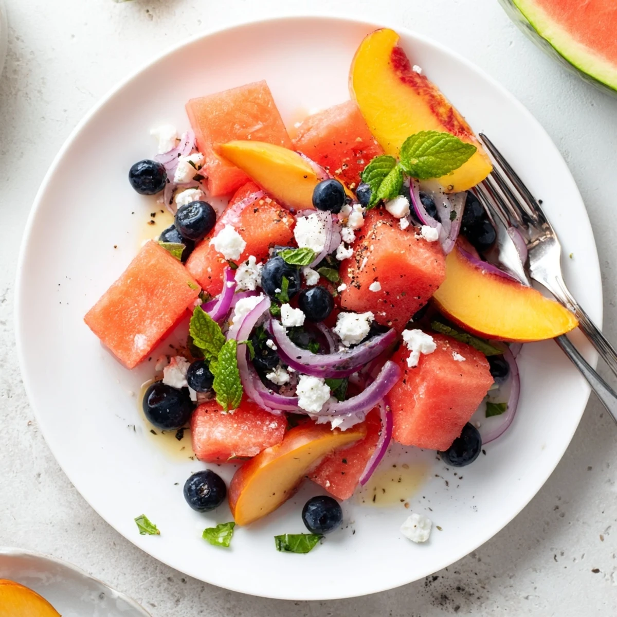 Chilled Peach Watermelon Salad With Feta garnished with fresh mint and lime