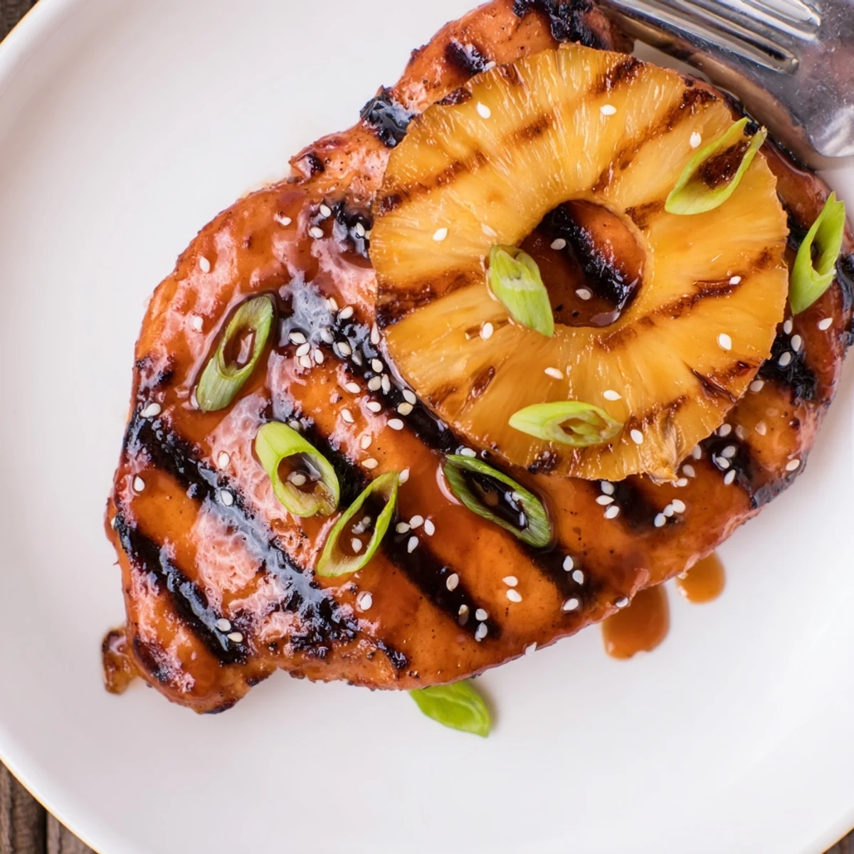 Grilled Aloha Chicken glistening with char marks, topped with caramelized pineapple rings