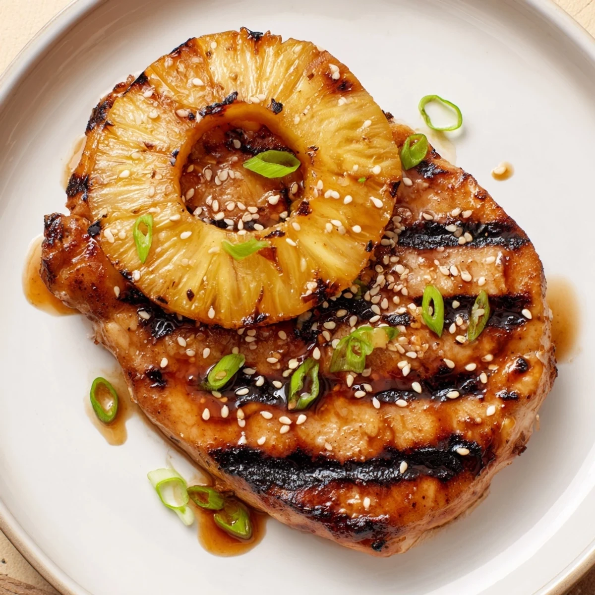 Juicy Grilled Aloha Chicken smoky from the grill, garnished with sliced green onions