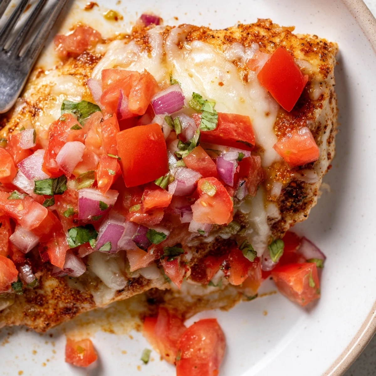 Salsa Fresca Chicken Bake with bubbling cheese and bright tomato cilantro topping
