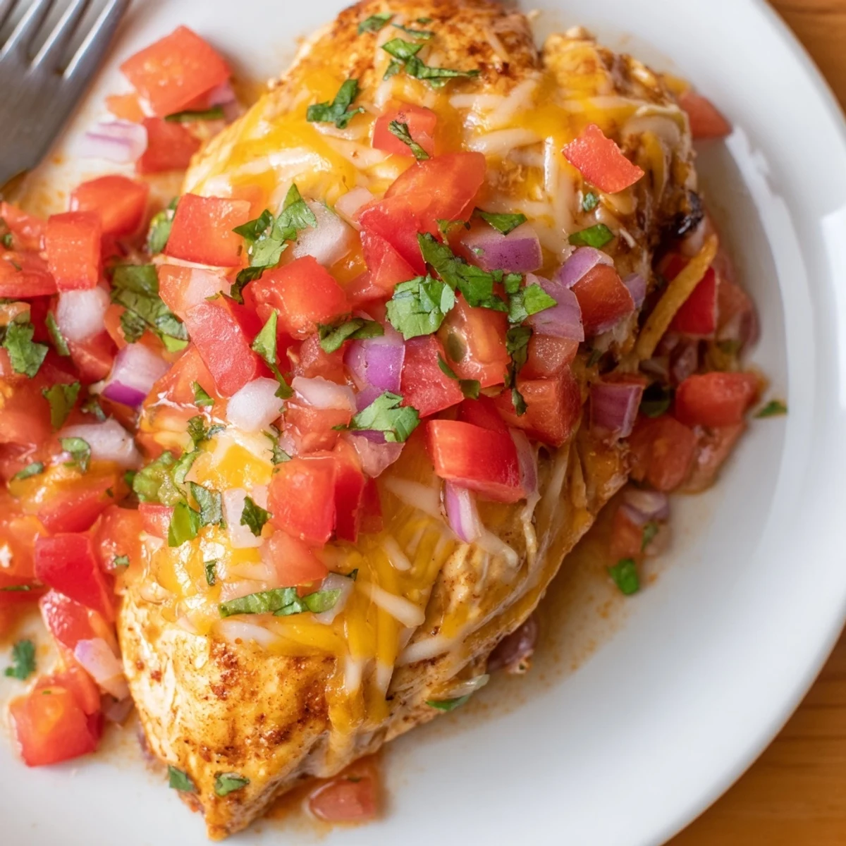 Family style Salsa Fresca Chicken Bake served over rice, melty cheese, cilantro garnish