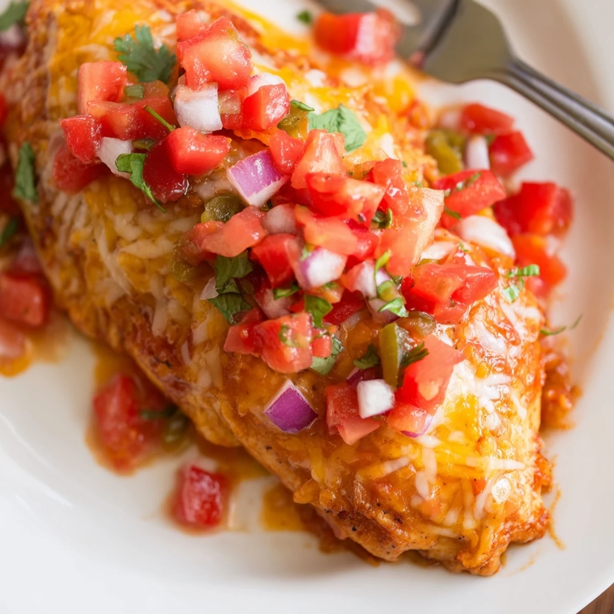 Oven roasted Salsa Fresca Chicken Bake, juicy breasts topped with zesty salsa