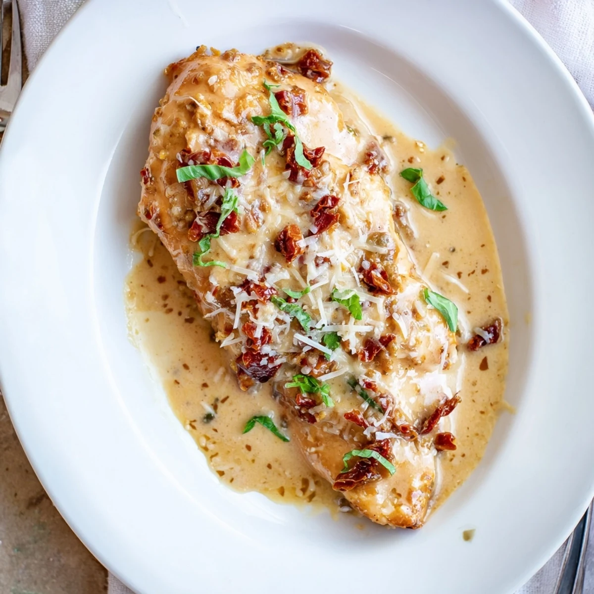 Dump And Go Crockpot Marry Me Chicken simmered in creamy sun dried tomato sauce  