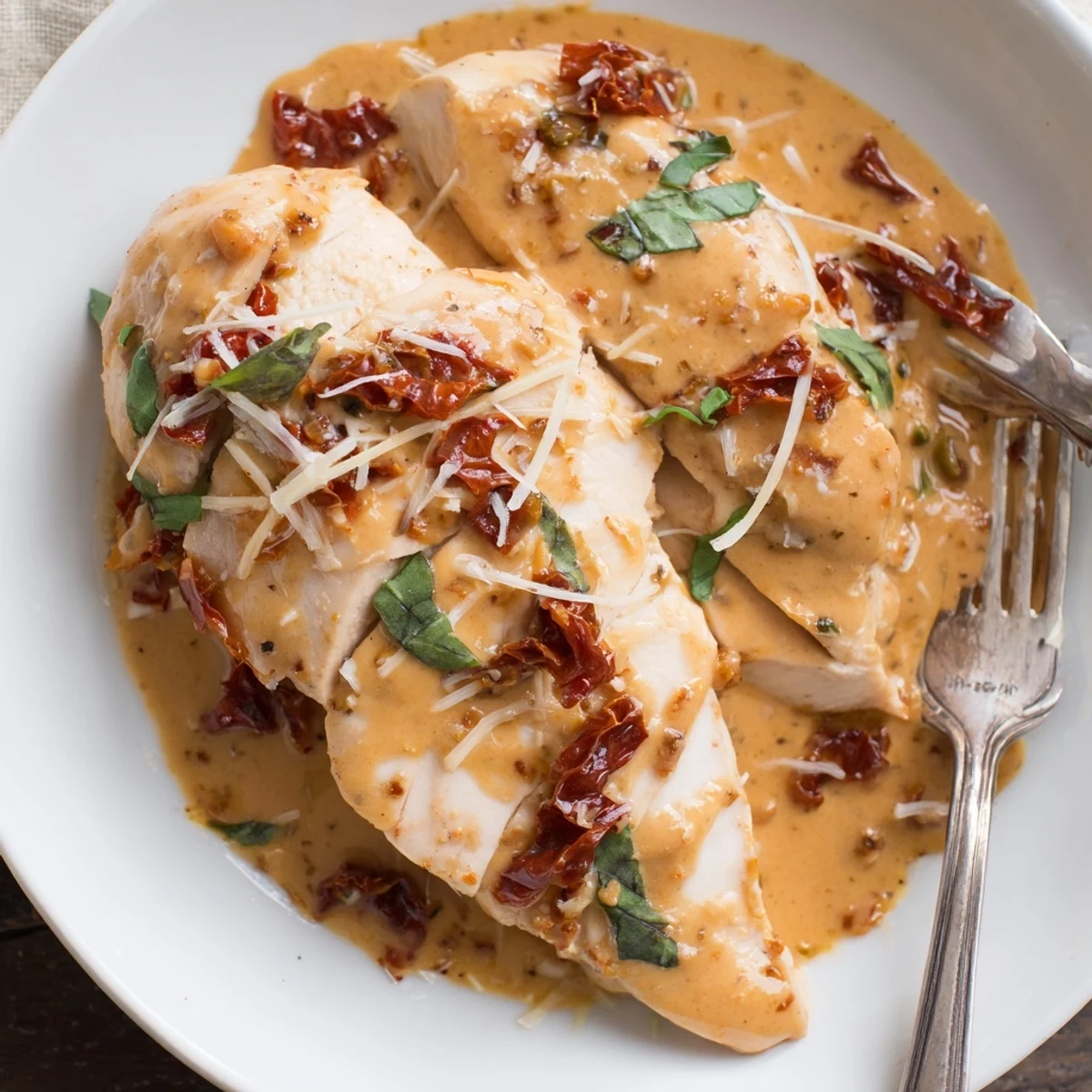 Tender Dump And Go Crockpot Marry Me Chicken served over pasta, basil garnish  