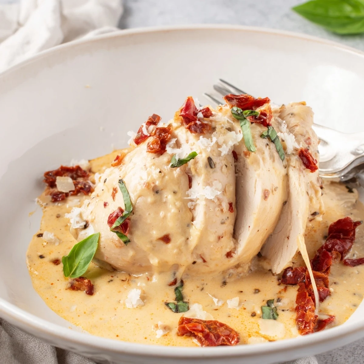Fork tender Dump And Go Crockpot Marry Me Chicken bathing in garlicky Parmesan cream