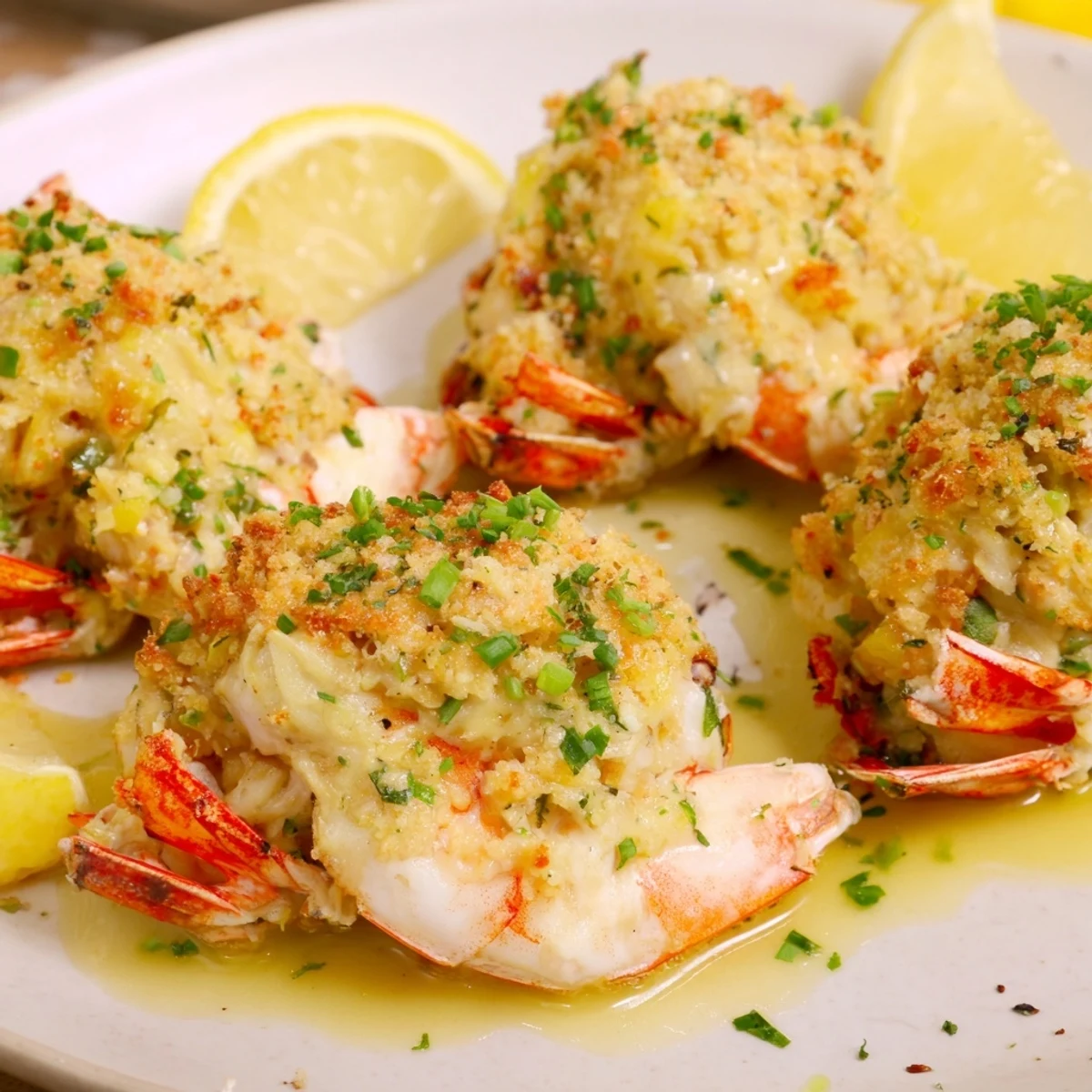 Crab Cake Stuffed Shrimp With Cowboy Butter plated with toasted baguette and lemon