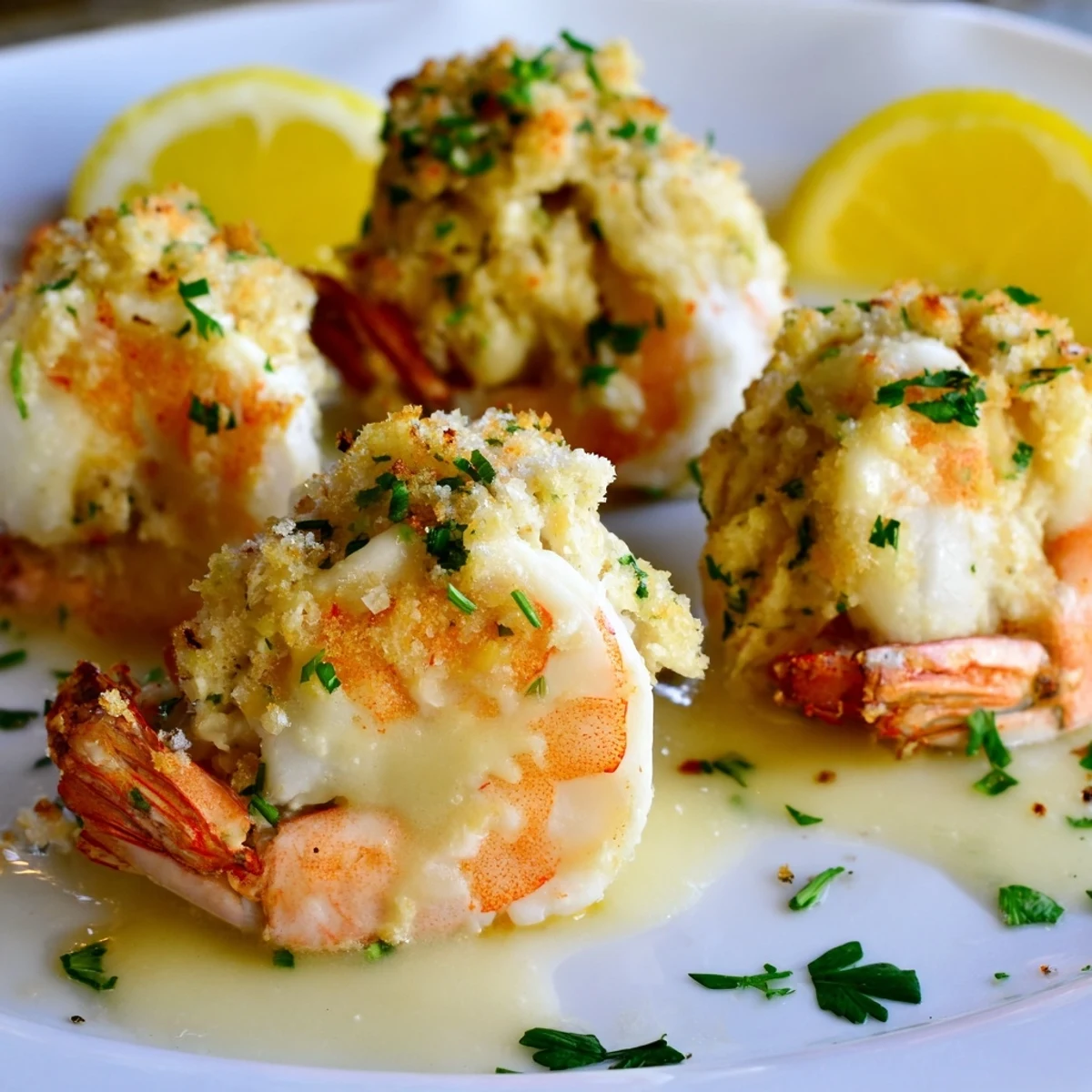 Warm Crab Cake Stuffed Shrimp With Cowboy Butter served on mixed greens
