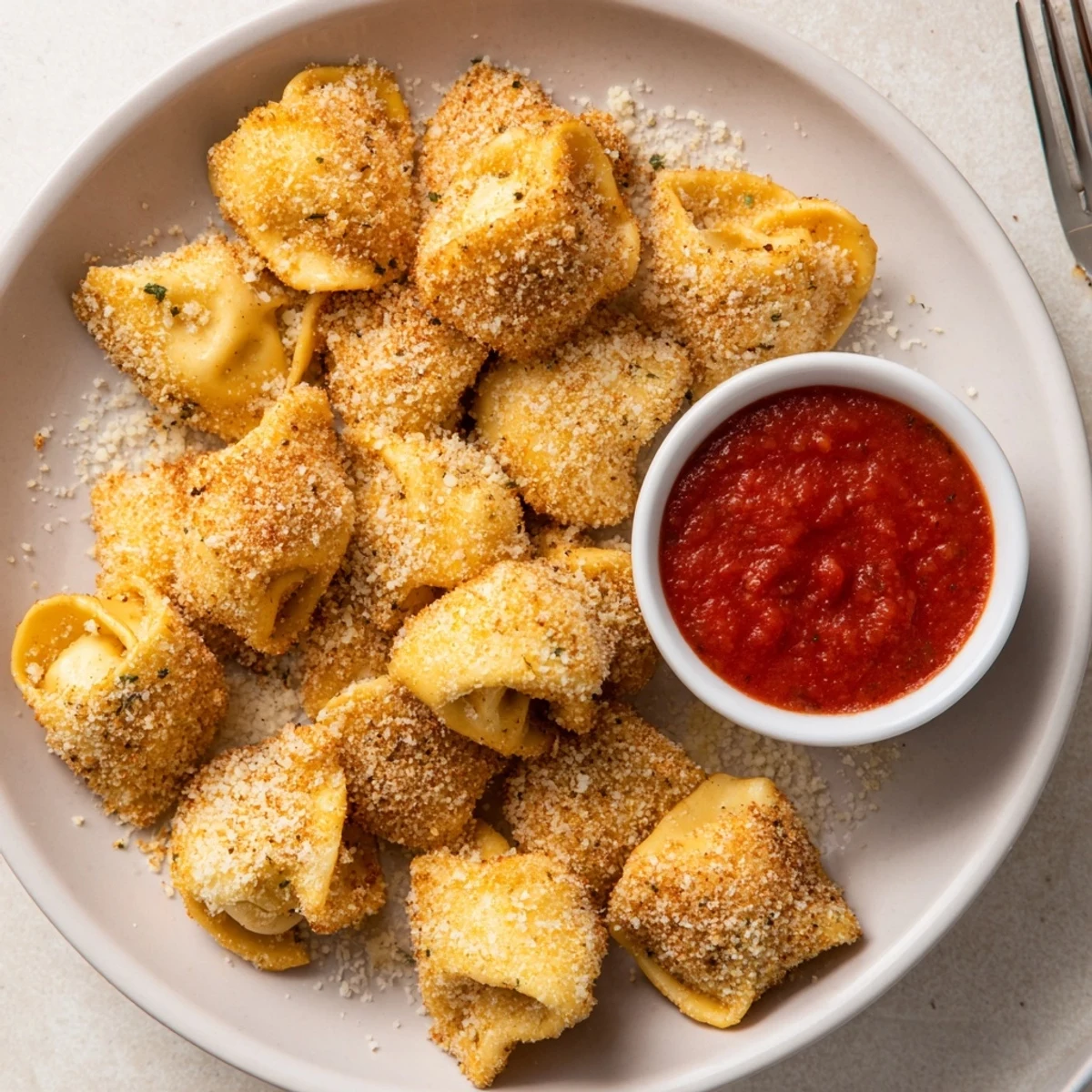Crispy Tortellini Party Snacks Recipe on a platter, golden, served with marinara