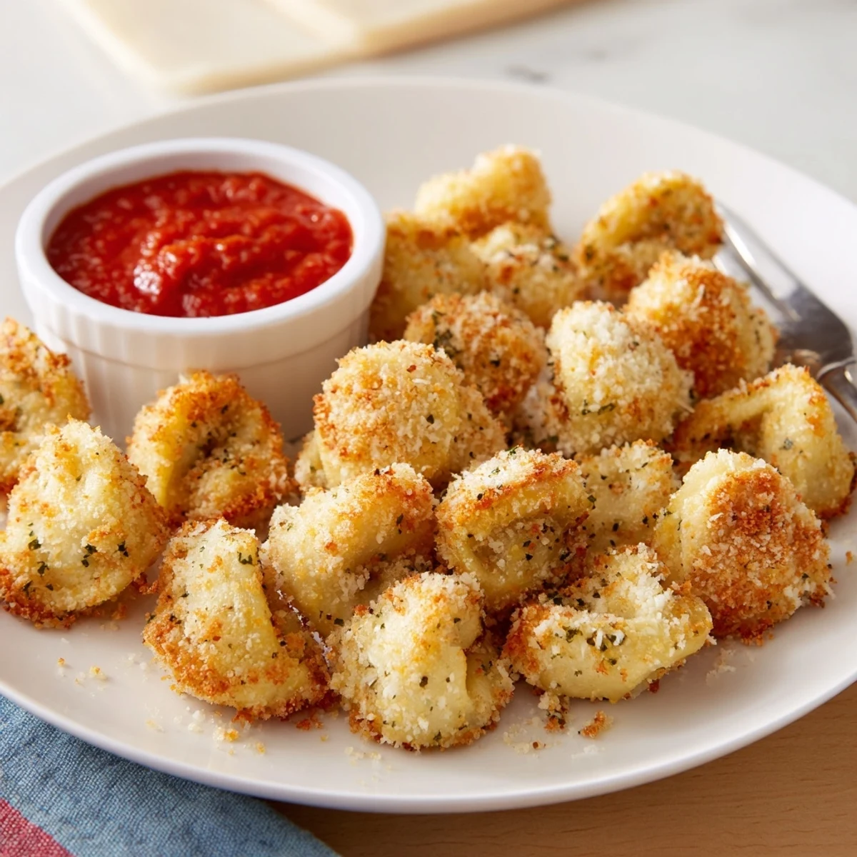 Bite-sized Crispy Tortellini Party Snacks Recipe, crunchy breadcrumb crust, steaming and ready