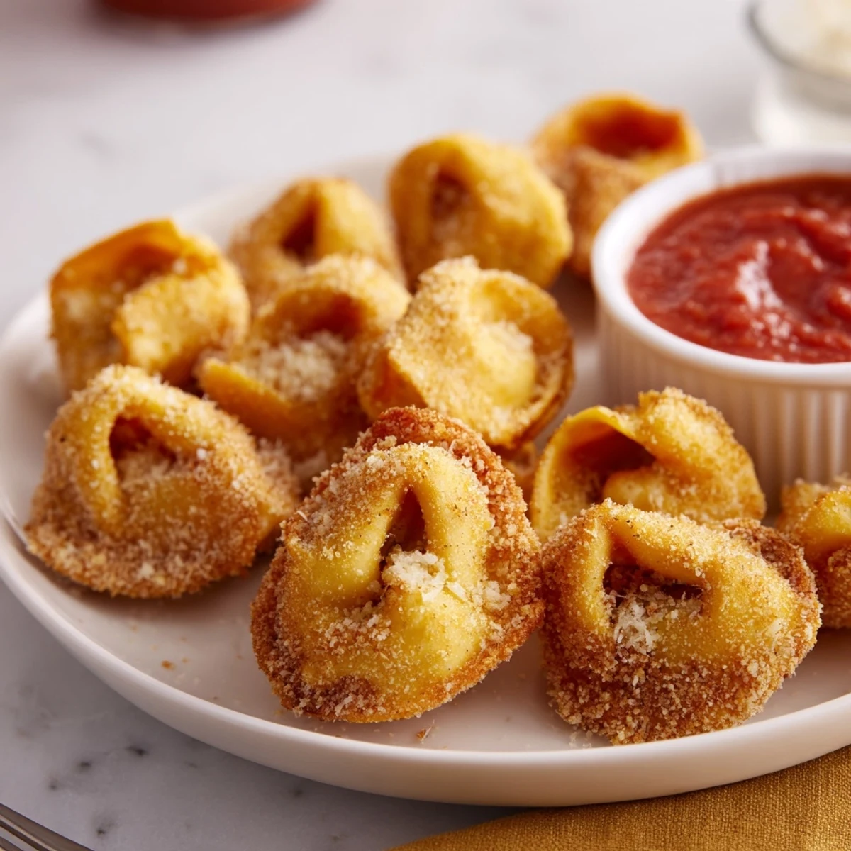 Golden-fried Crispy Tortellini Party Snacks Recipe plated with warm marinara for dipping