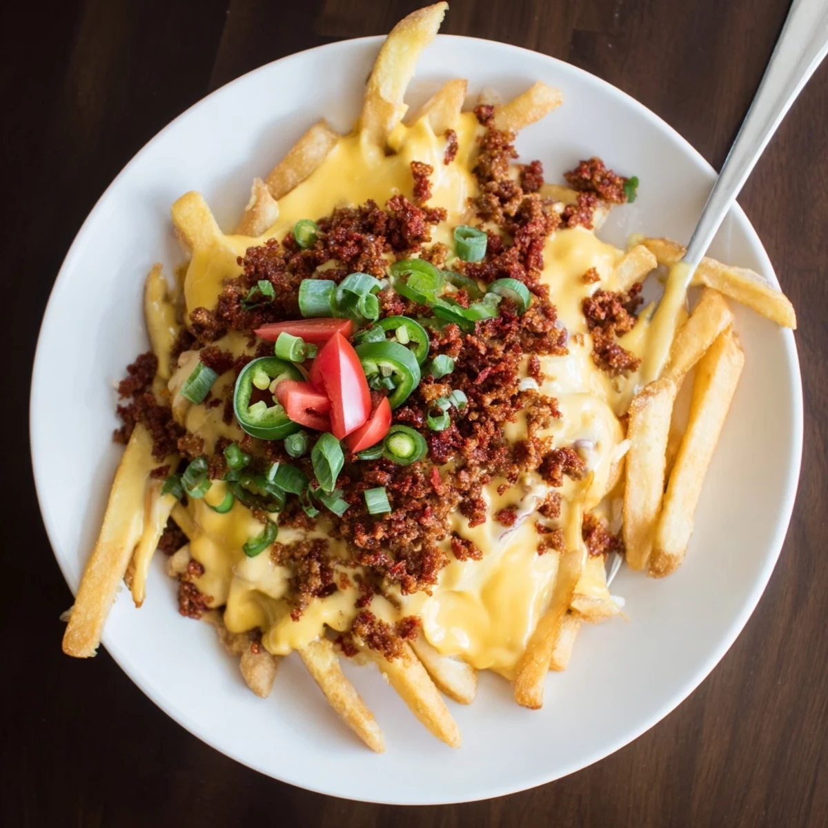 Crispy Chorizo Queso Dip Fries topped with bubbling queso, cilantro, jalapeño slices