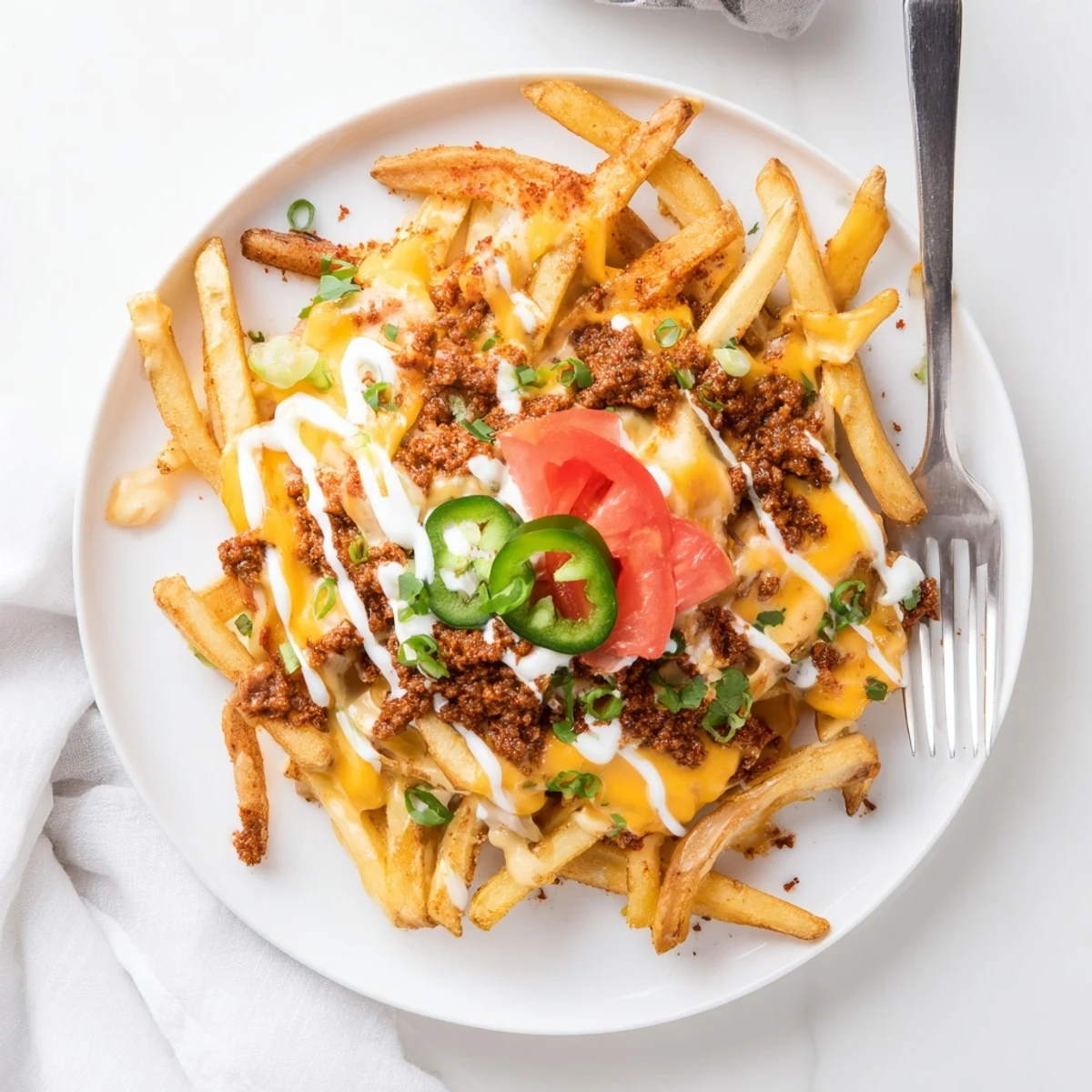 Loaded Chorizo Queso Dip Fries served hot on platter with sour cream drizzle