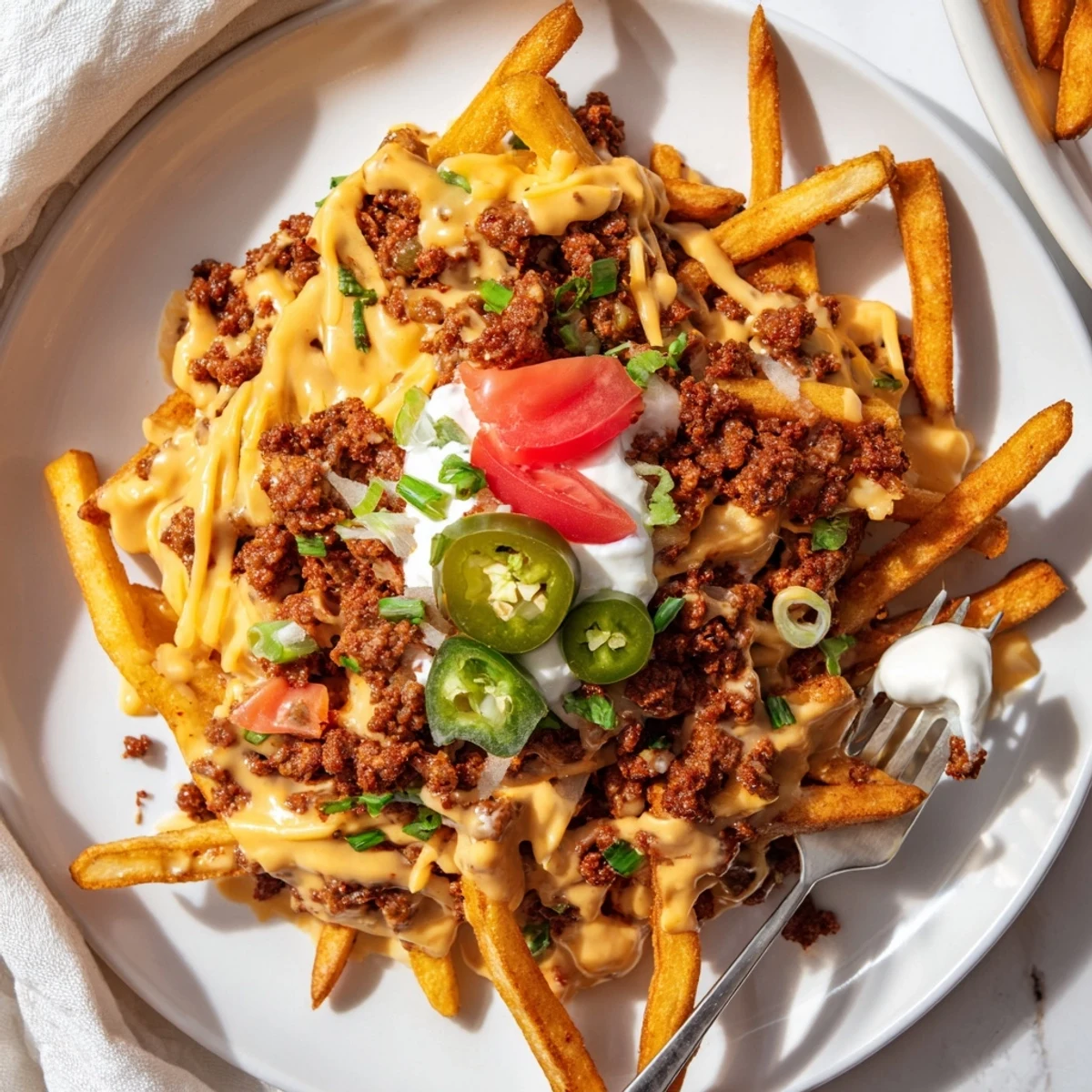 Warm Chorizo Queso Dip Fries piled high, smoky chorizo, melted cheddar cheese pull