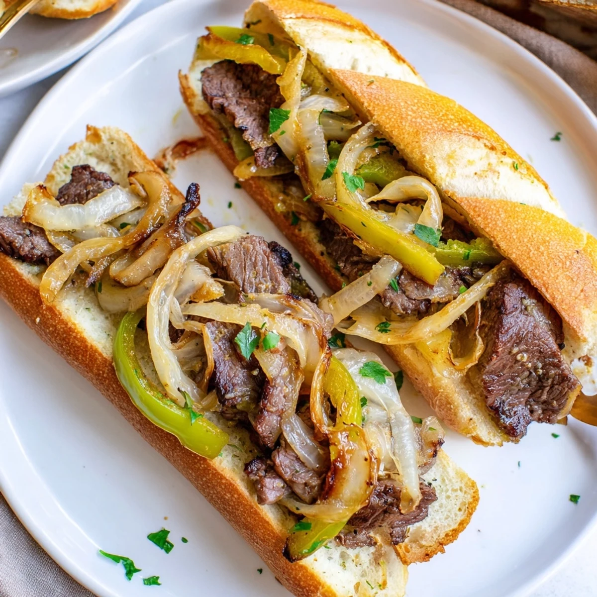 Philly Cheesesteak Garlic Bread with melted provolone, sizzling steak, caramelized peppers