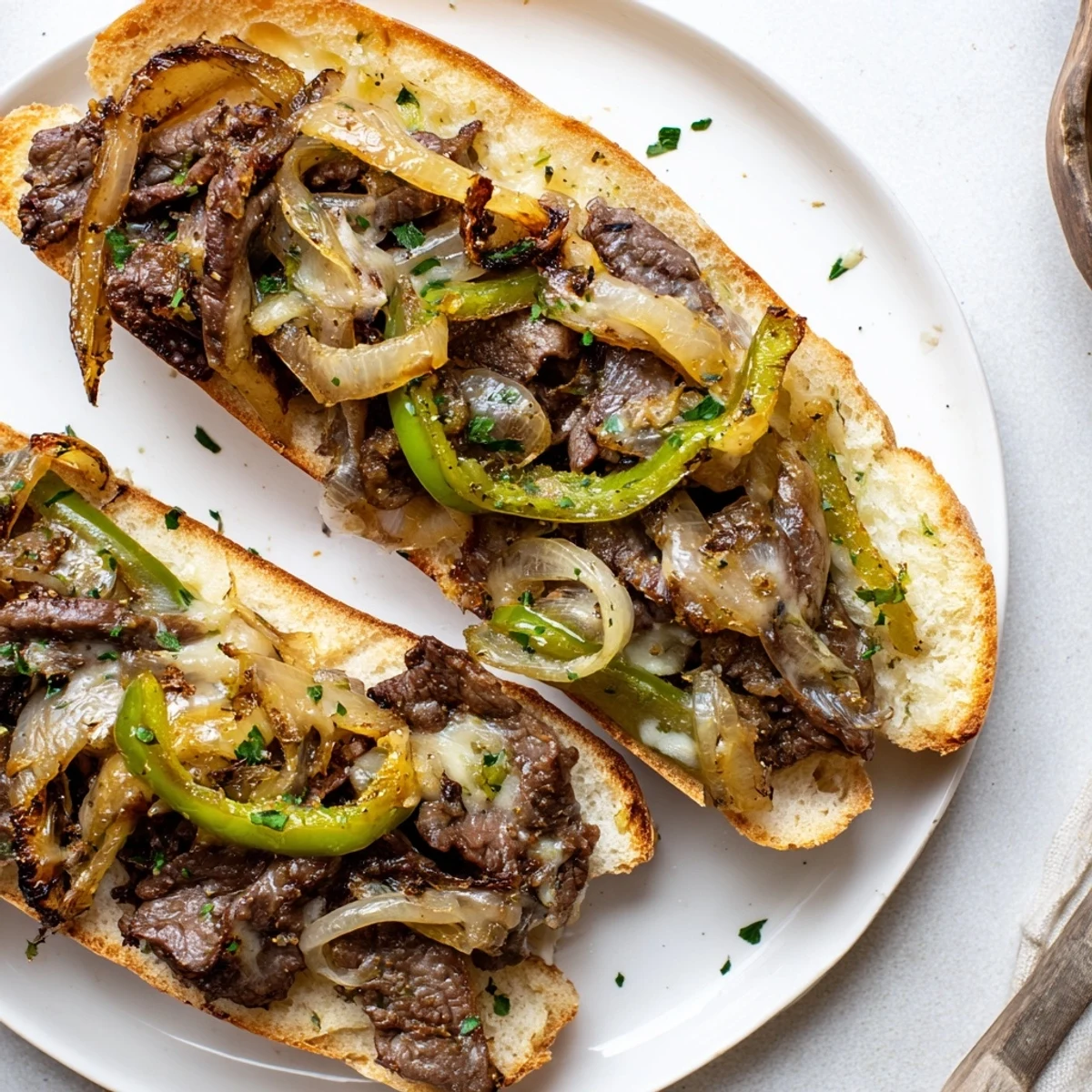 Warm Philly Cheesesteak Garlic Bread sliced, ready to serve with crisp pickles