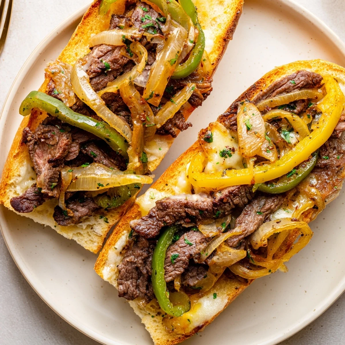 Oven-browned Philly Cheesesteak Garlic Bread brushed with garlic butter, bubbling cheese