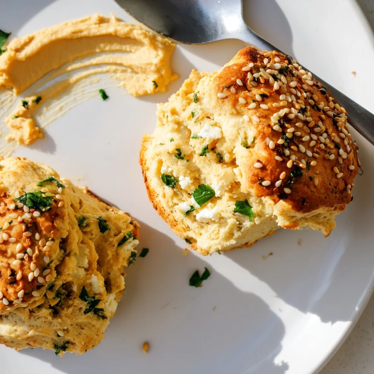 Warm Humous Scones with golden crust, flaky interior, sesame seeds sprinkled