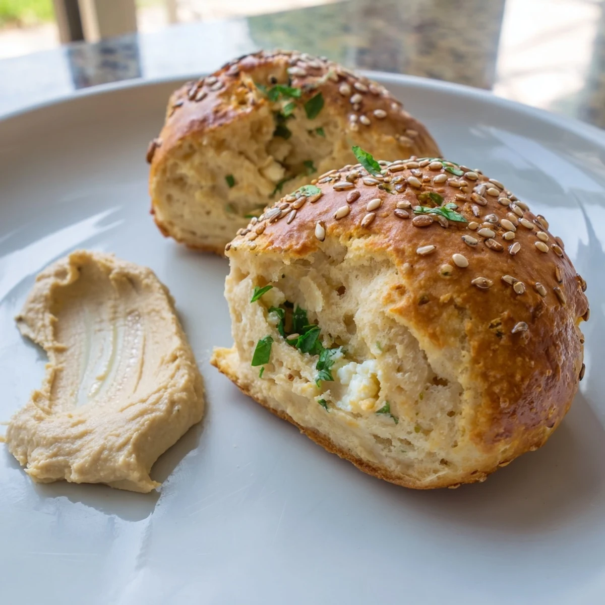 Freshly baked Humous Scones on parchment-lined tray, steam rising, herb flecks