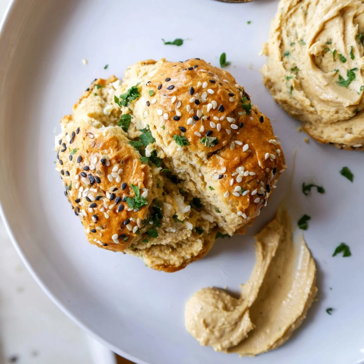 Plate of Humous Scones served warm beside creamy yogurt dip and herbs