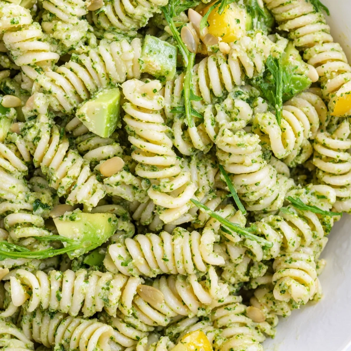 Creamy Green Goddess Pasta Salad with vibrant herbs, cherry tomatoes, and crunchy seeds.