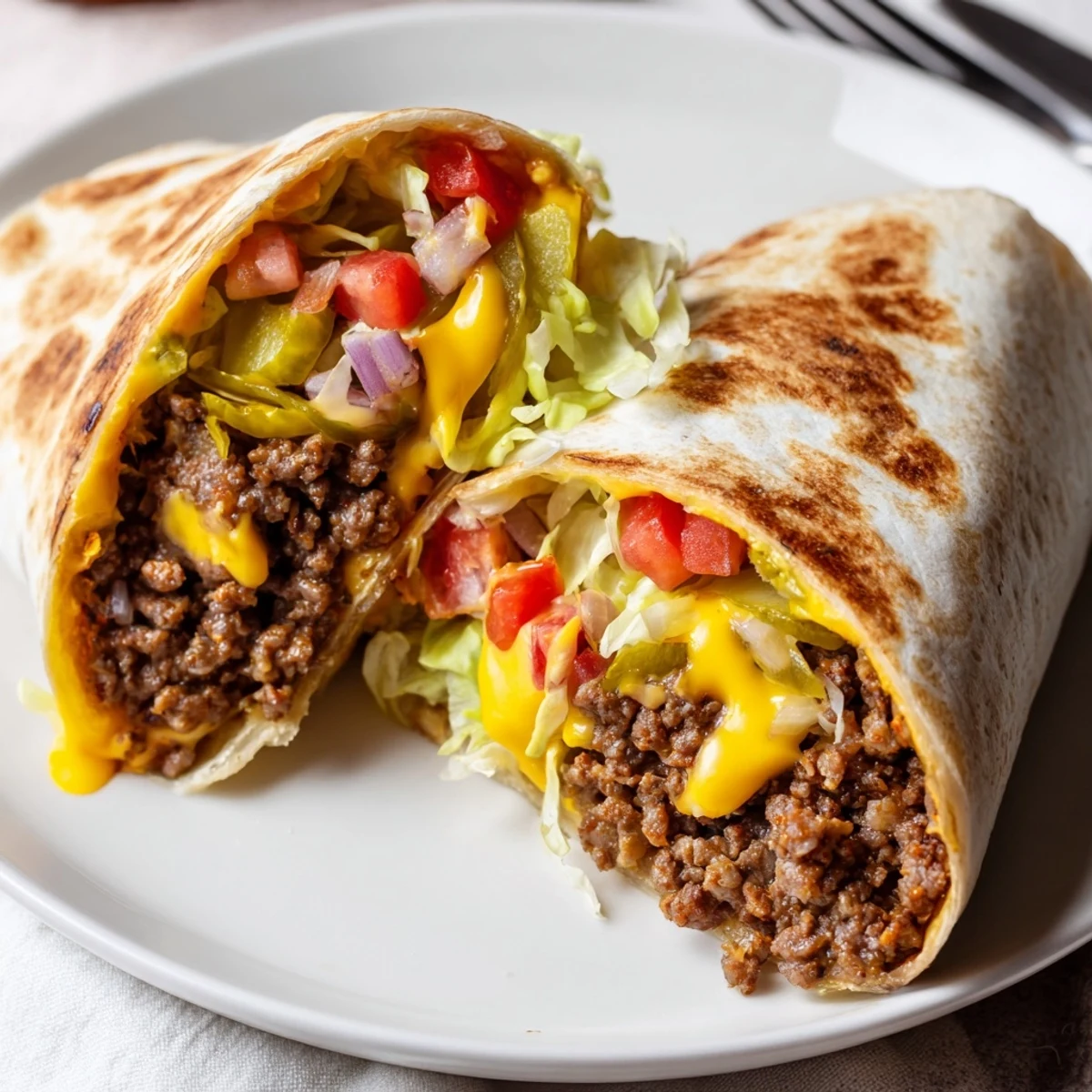 Cheeseburger Wrap Recipe with melty cheddar, juicy beef, crisp lettuce, served warm.