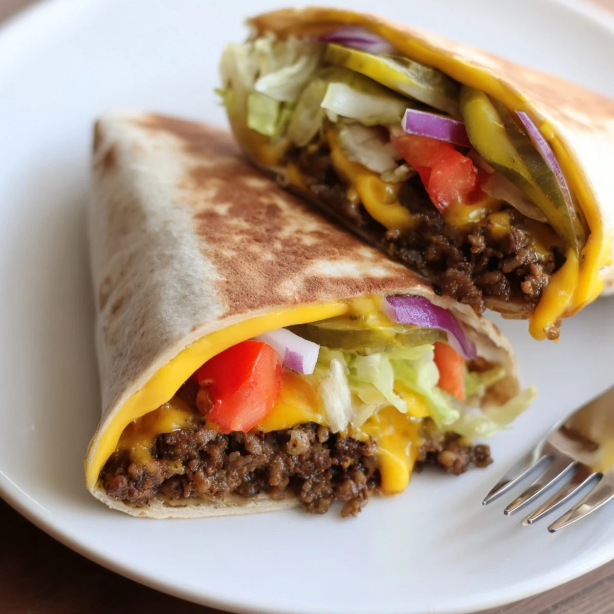 Warm Cheeseburger Wrap Recipe grilled golden, sliced in half, ready for dipping.
