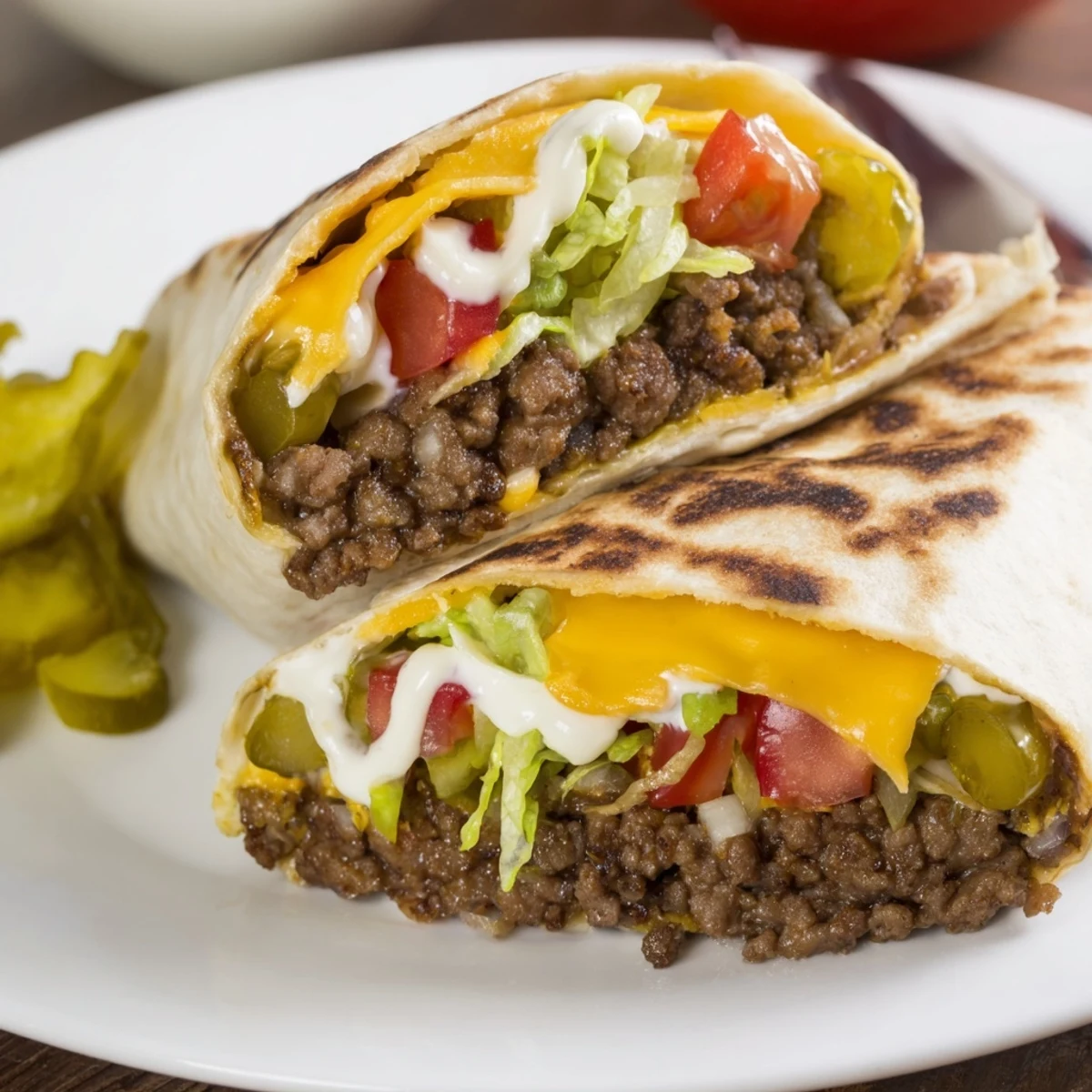 Picnic-ready Cheeseburger Wrap Recipe layered with pickles, onions, creamy mayo.