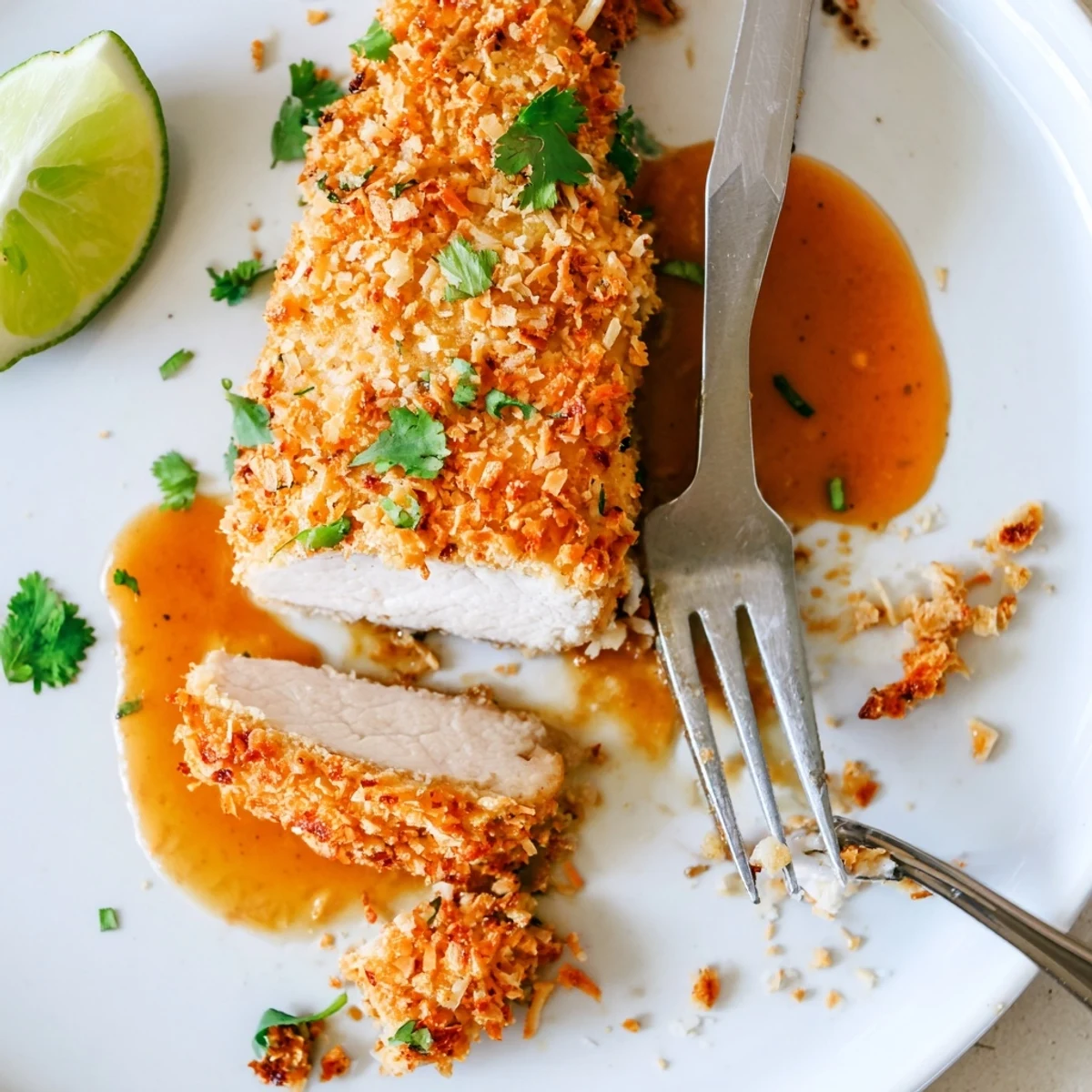 Coconut Chicken With Apricot Sauce on plate, crispy crust and tangy drizzle