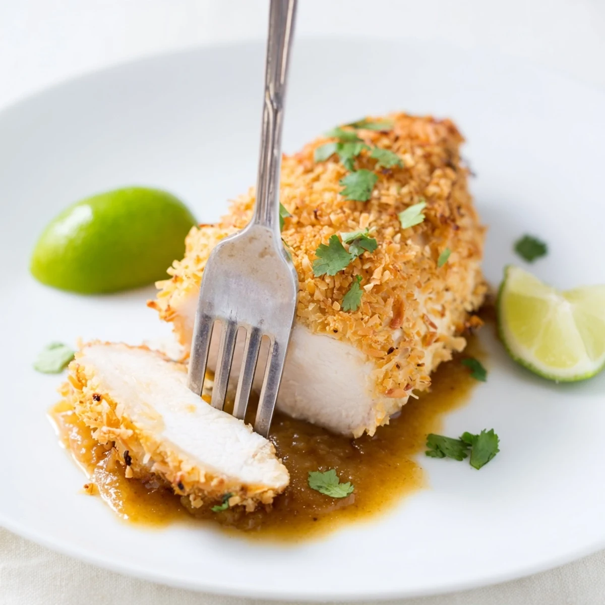 Oven-baked Coconut Chicken With Apricot Sauce with crunchy coconut coating and lime