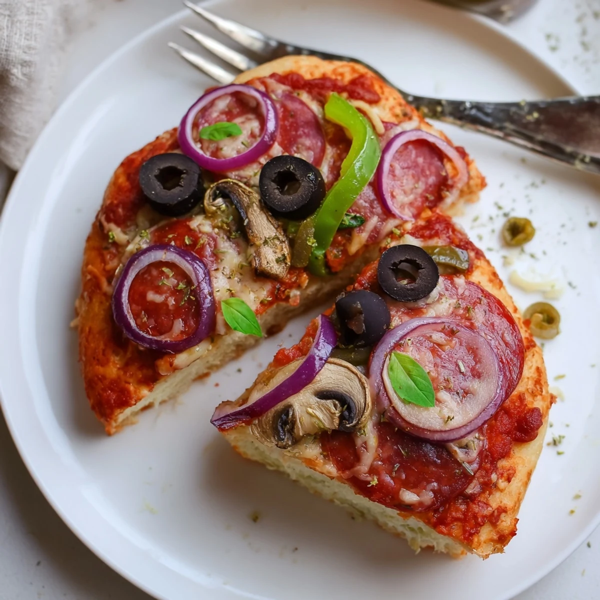 Focaccia Pizza Supreme with golden edges, melted mozzarella, and roasted peppers.