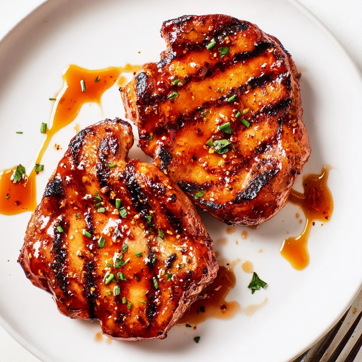 Grilled Honey Buffalo Chicken Thighs glistening with honey glaze and charred grill marks