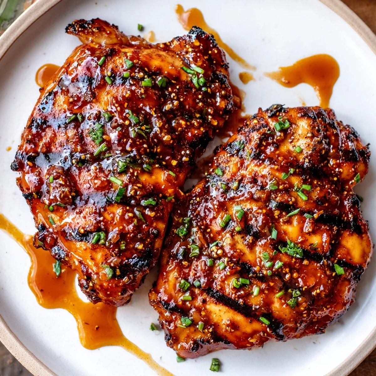 Basted Grilled Honey Buffalo Chicken Thighs with sticky sauce, fresh parsley, smoky heat