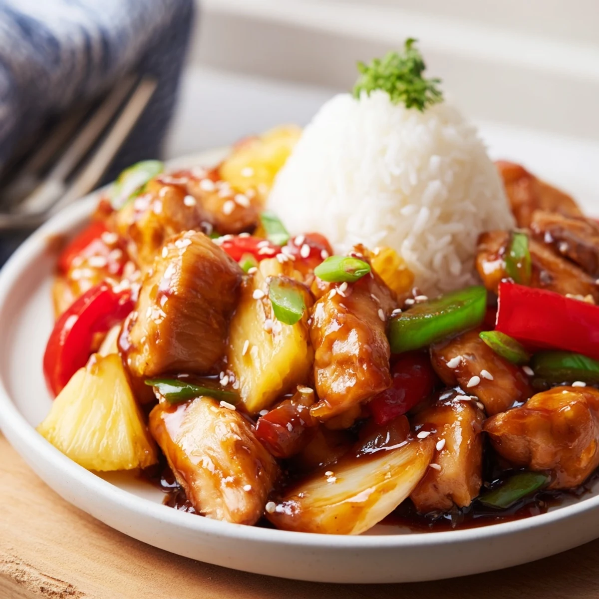 Served hot over jasmine rice, Sweet Hawaiian Crockpot Chicken garnished with sesame