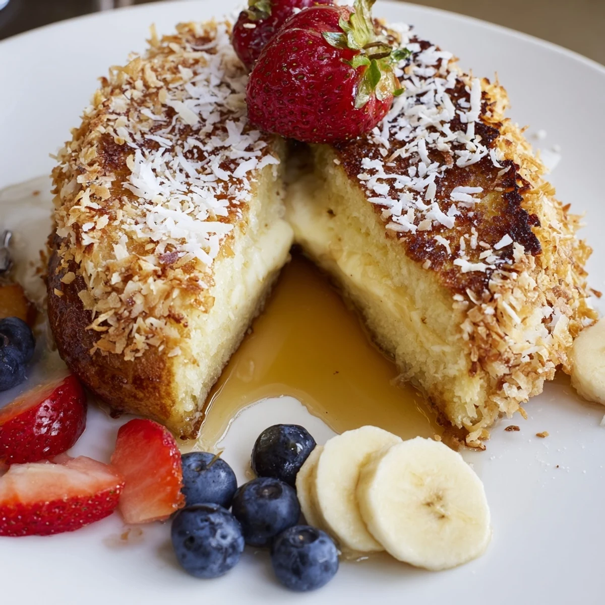 Coconut Crusted French Toast with golden crispy edges, drizzled maple syrup