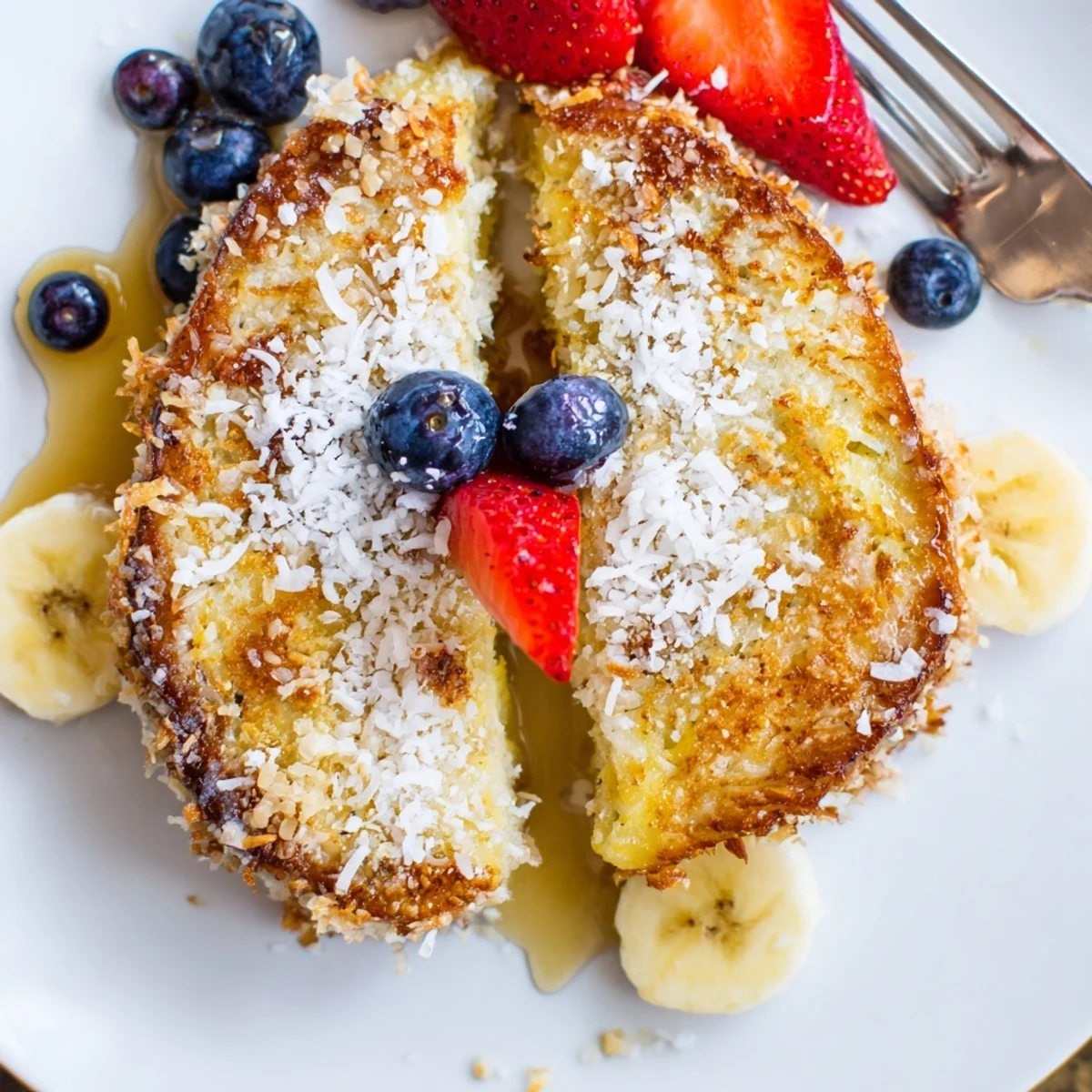 Skillet-seared Coconut Crusted French Toast showing custardy center and sliced bananas