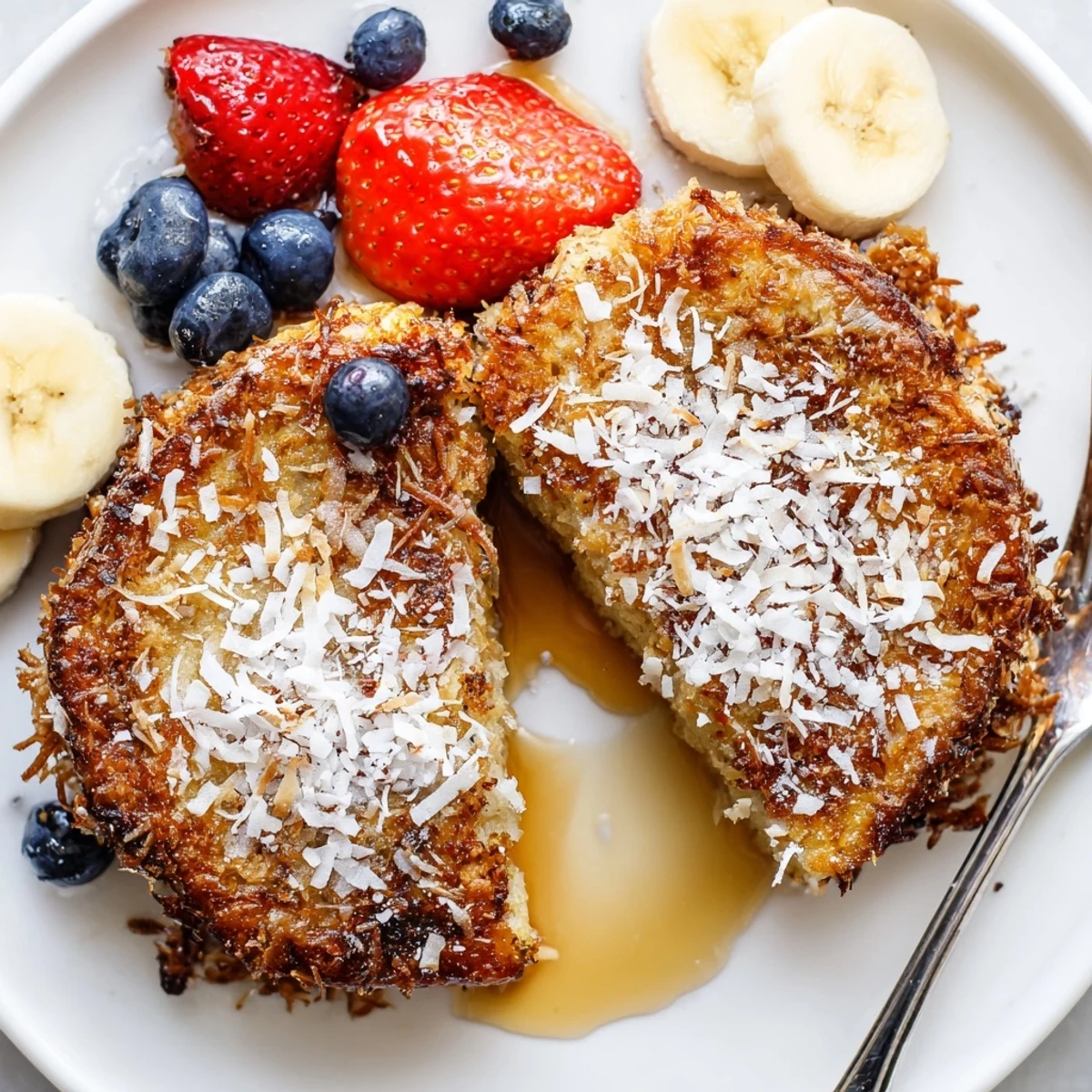 Stack of Coconut Crusted French Toast topped with fresh berries and powdered sugar