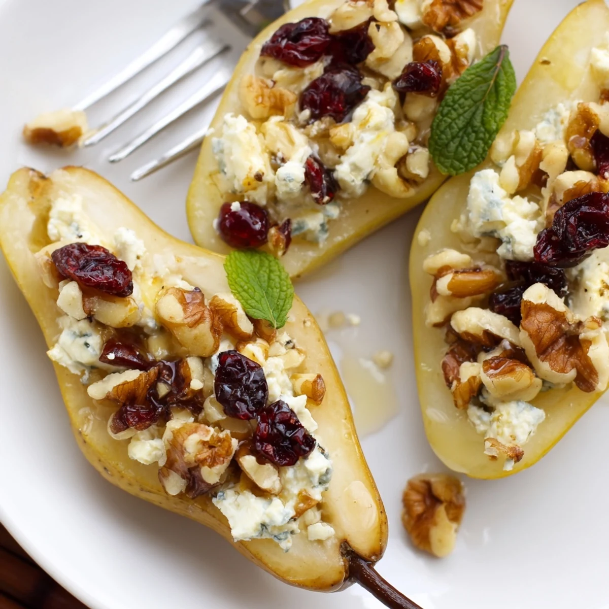 Baked Pears With Feta Honey Cranberries, warm and caramelized, drizzled with honey.