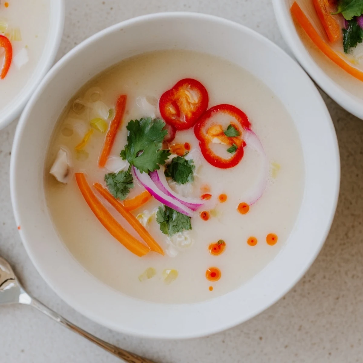 Creamy Ginger Lemongrass Coconut Soup steaming in bowl, citrusy aroma, cilantro garnish