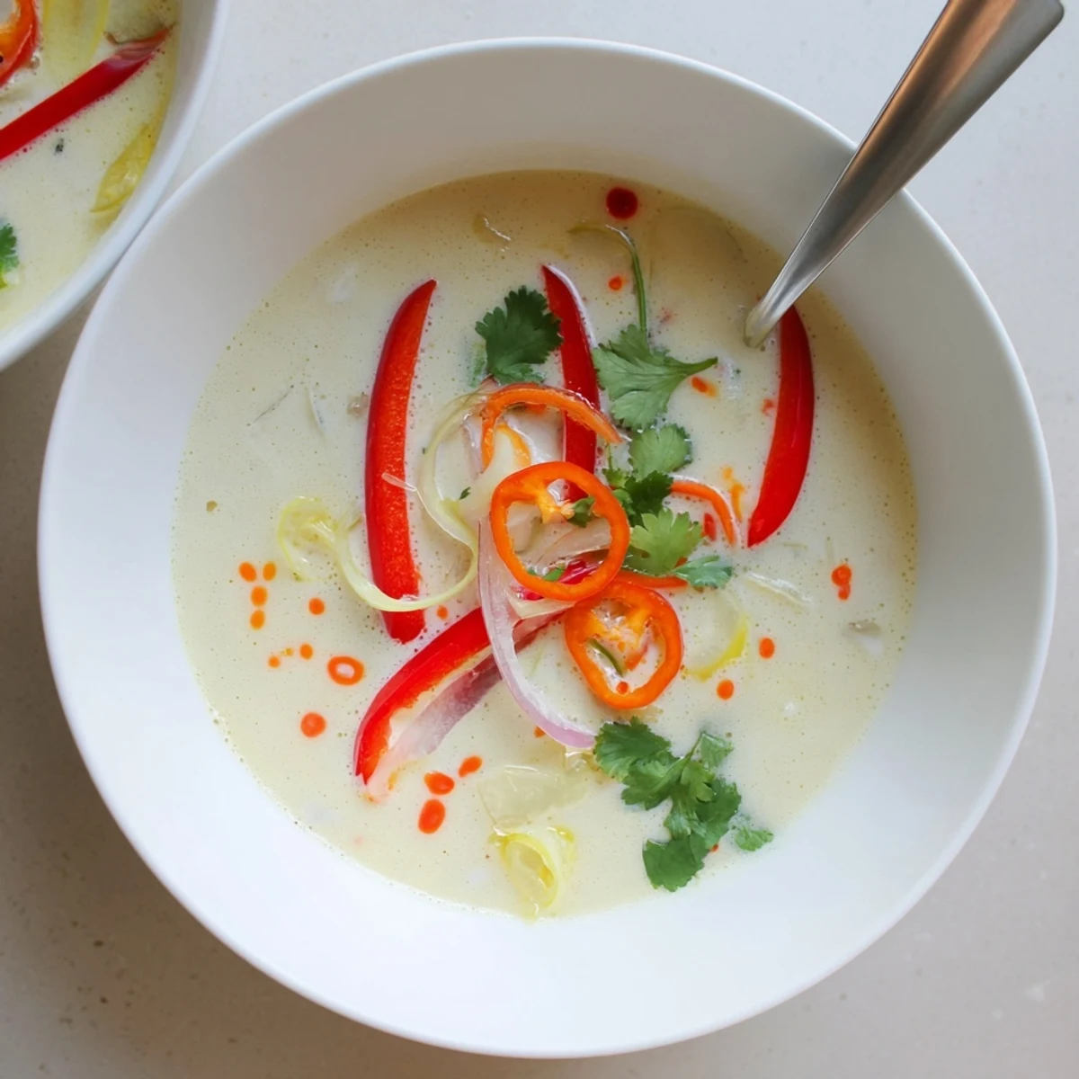 Bowl of Ginger Lemongrass Coconut Soup with sliced chili, silky coconut broth
