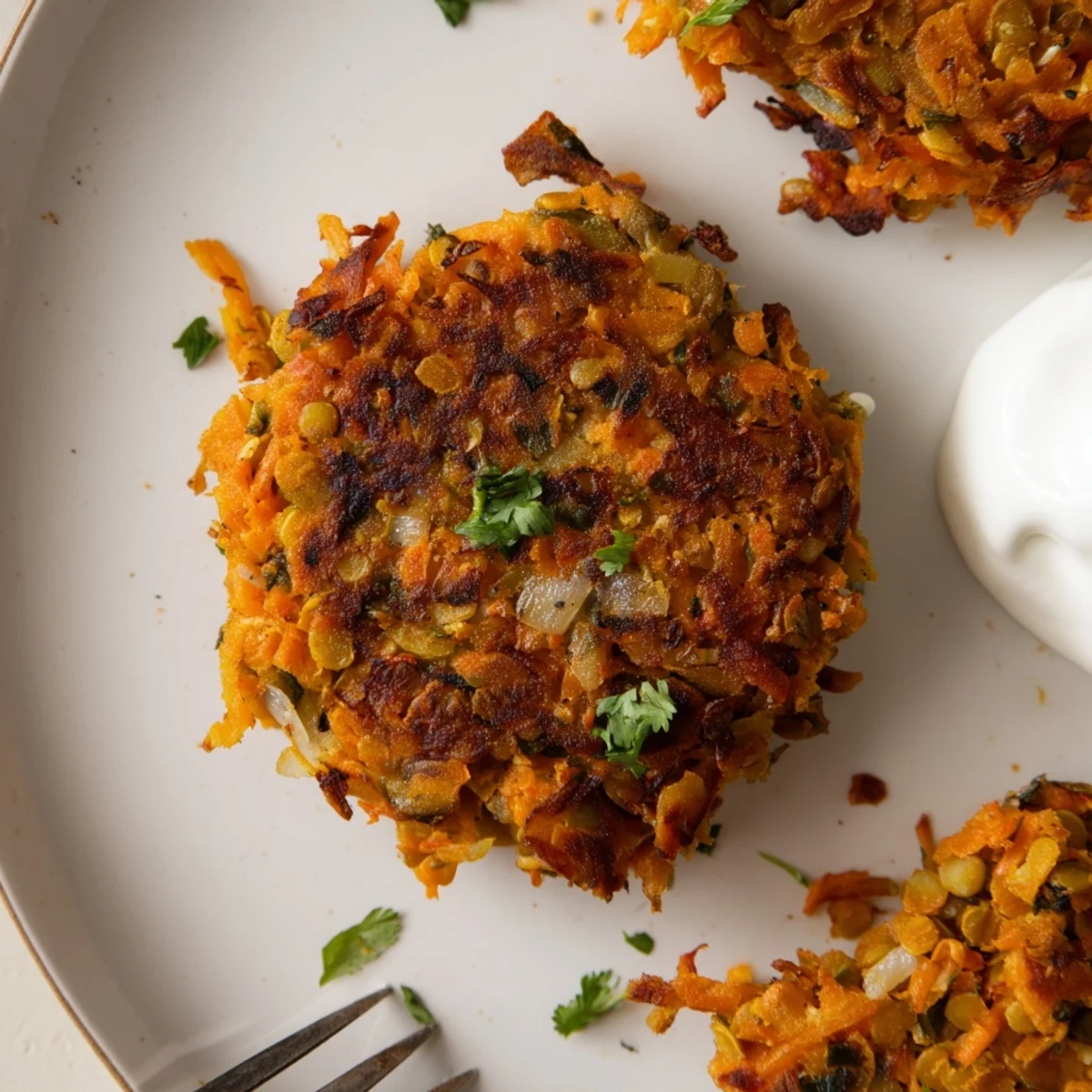 Crispy Sweet Potato Lentil Patties sizzling golden in skillet with yogurt dip